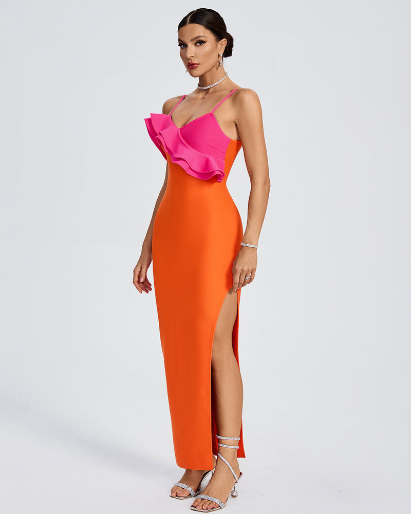 SIMONA ORANGE RUFFLE STRAP BANDAGE MAXI DRESS