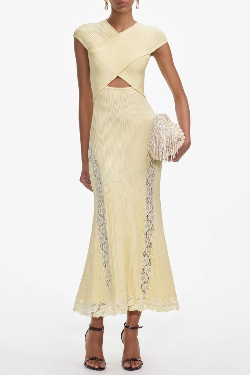 Yellow Knit Lace Insert Midi Dress