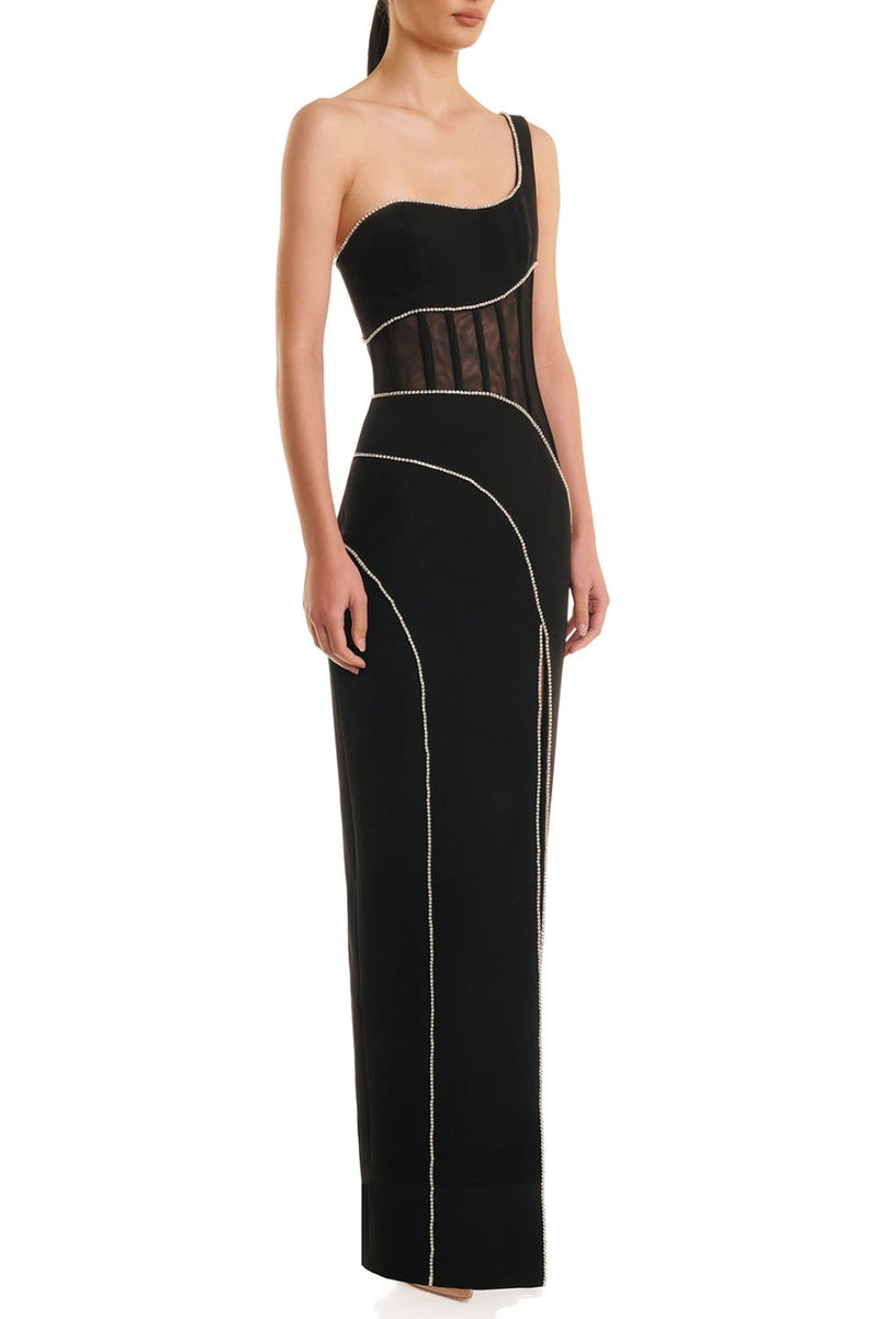 Zoraida Diamante Mesh One Shoulder Split Maxi Bandage Dress