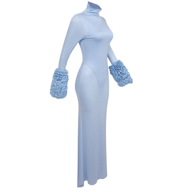 MICHELLE RUFFLED TURTLENECK MAXI DRESS IN PALE BLUE