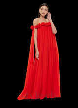 draped floor length dress in scarlet