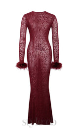 burgundy mesh feather maxi dress