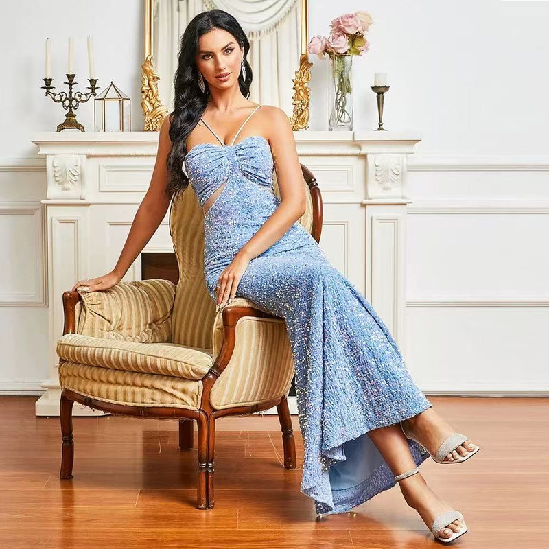 MARIAN BLUE CUTOUT SEQUINS HALTER MAXI DRESS