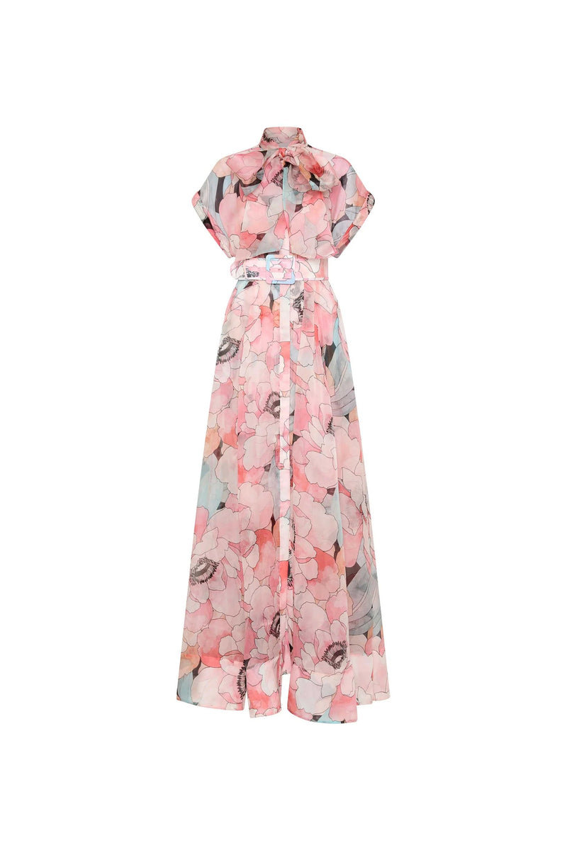 floral print silk organza maxi dress in pink-multi