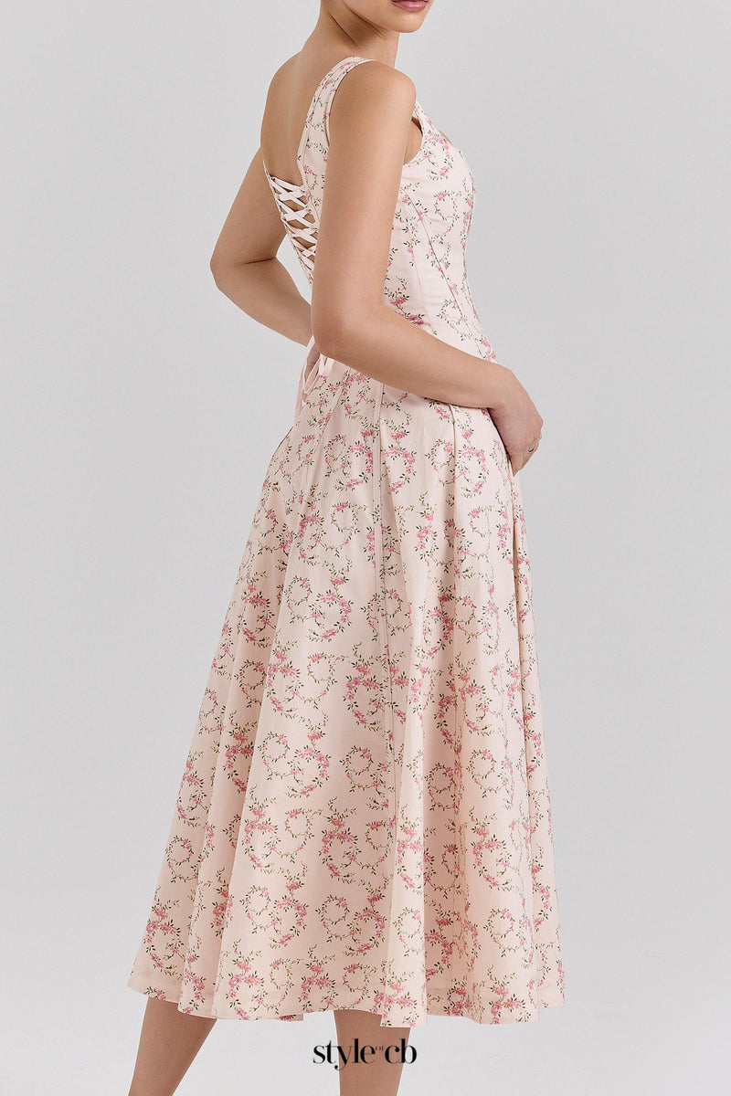 gemma Floral Cream Lace-Up Stretch Cotton Midi Dress