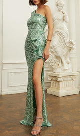 CHLOE GREEN ONE SHOULDER SEQUIN MAXI DRESS