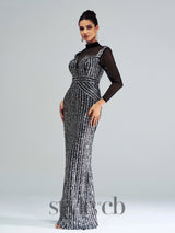 stand collar sequin panel maxi dress in black