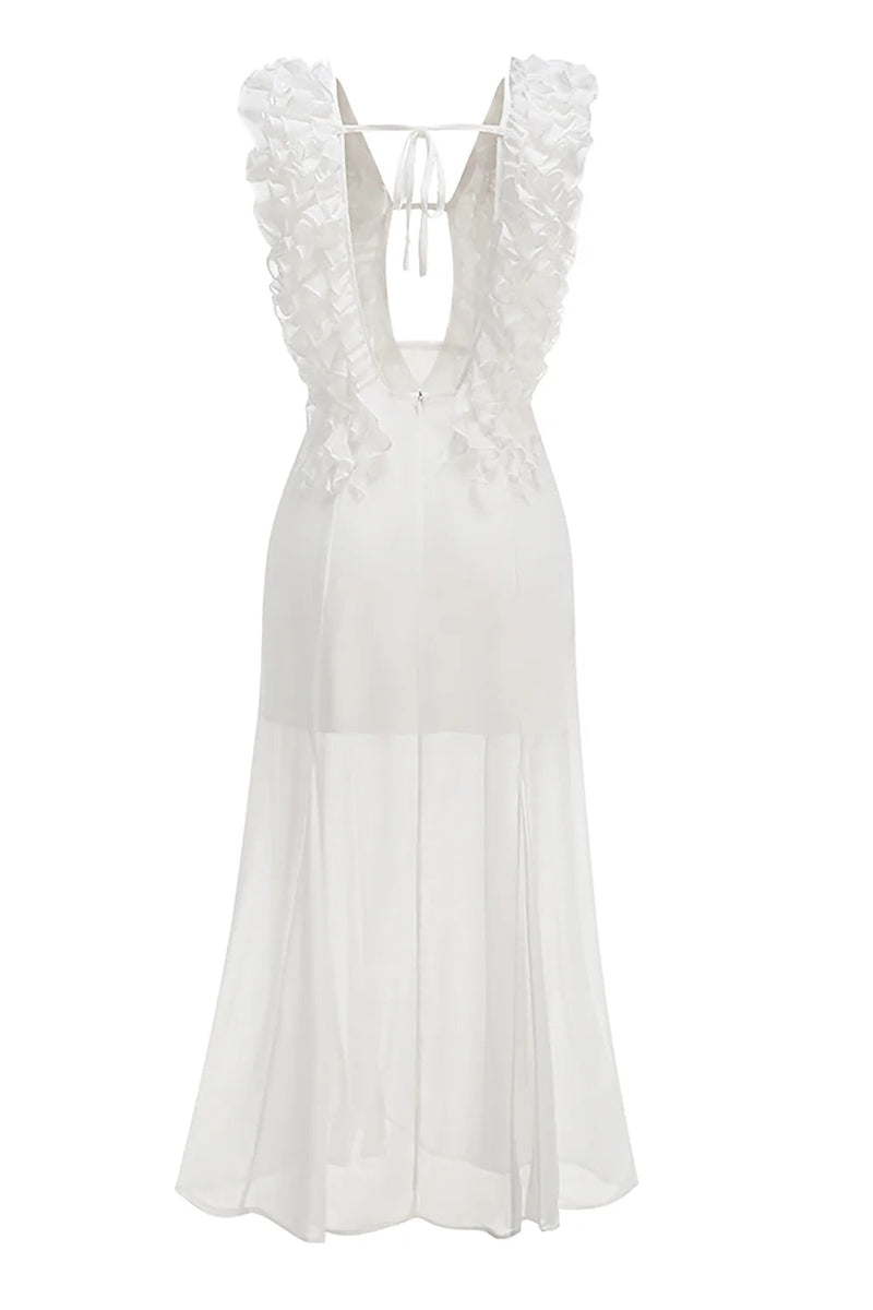 charlotte Pleat Ruffle Maxi Dress in white