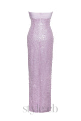 PINK SATIN SEQUIN PEARLS BEADED MAXI DRESS