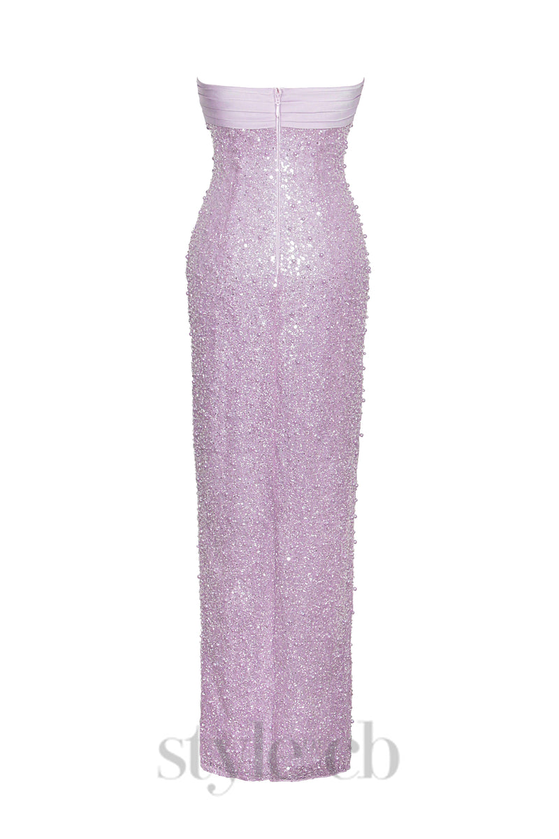 PINK SATIN SEQUIN PEARLS BEADED MAXI DRESS