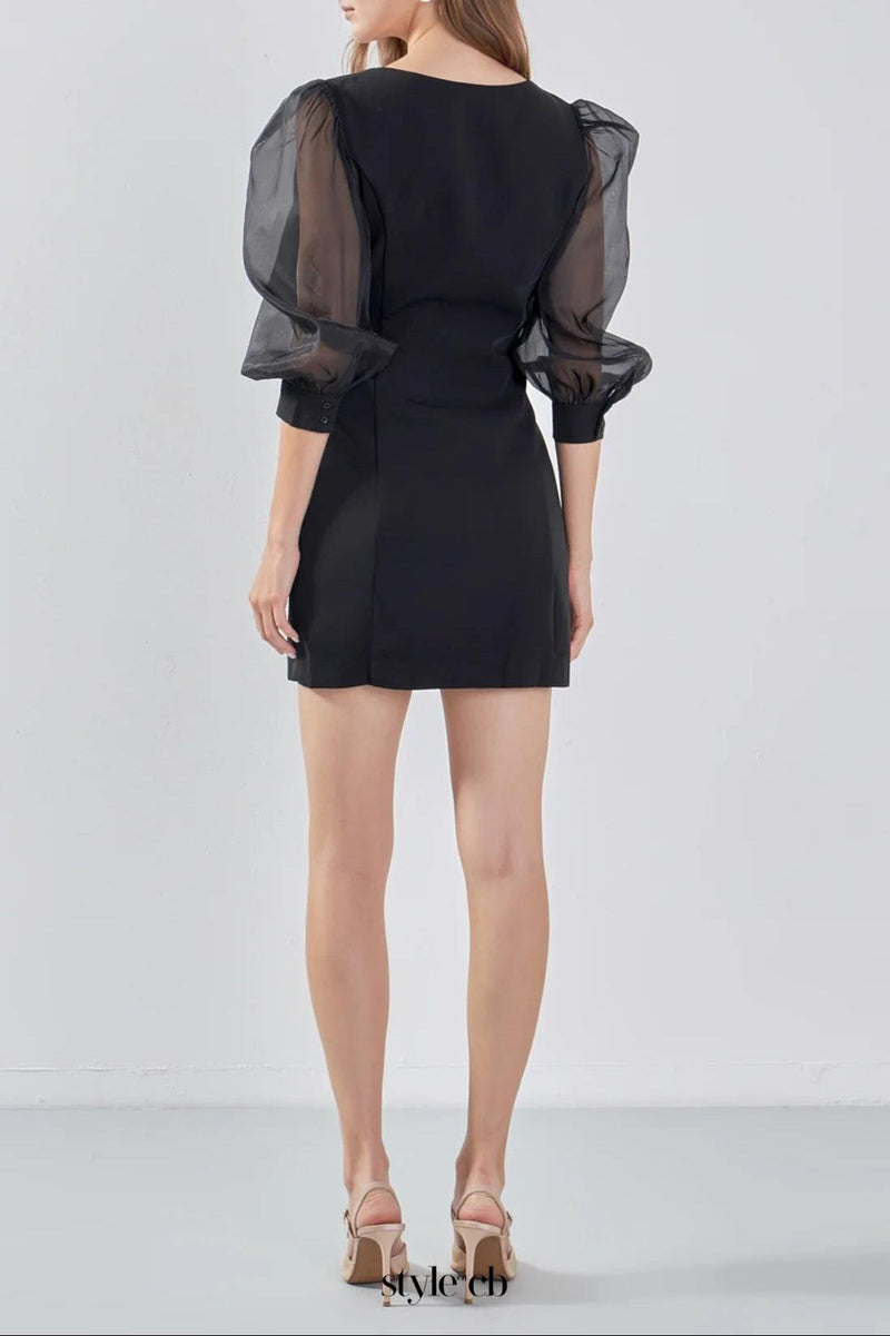 victoria organza puff sleeves mini dress in black