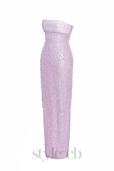 PINK SATIN SEQUIN PEARLS BEADED MAXI DRESS