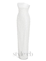 WHITE SATIN SEQUIN PEARLS BEADED MAXI DRESS