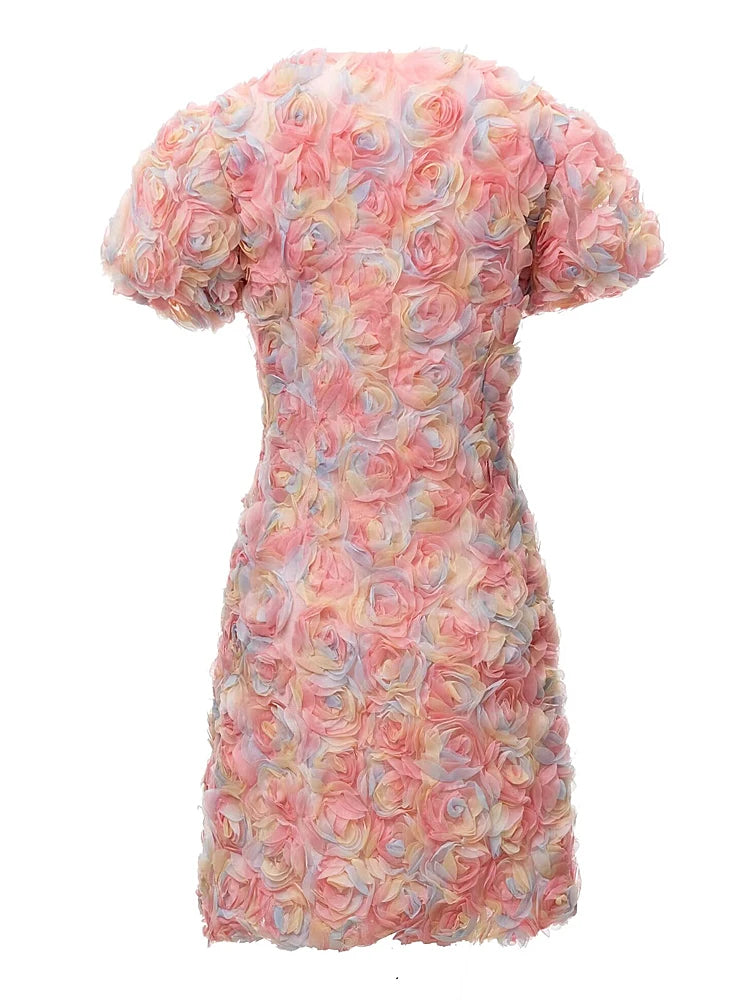 FAWN FLOWER EMBROIDERY BUTTON MINI DRESS IN PINK