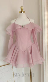 BRANDEE PINK LONG SLEEVE RUFFLE HEM MINI DRESS