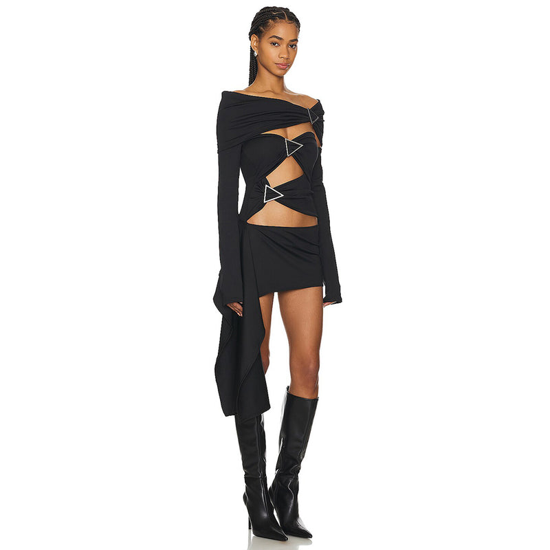 SARAH BLACK ARROW EMBELLISHED OFF-SHOULDER BANDAGE MINI DRESS