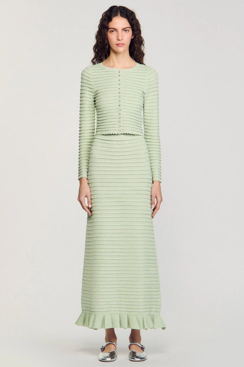 Rhinestone knit maxi skirt in Almond Green
