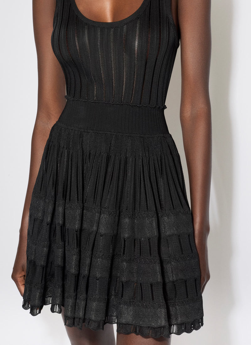 ribbed pointelle knit mini dress in black