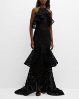 LYNN GARDENIA GUIPURE LACE RUFFLE GOWN IN BLACK