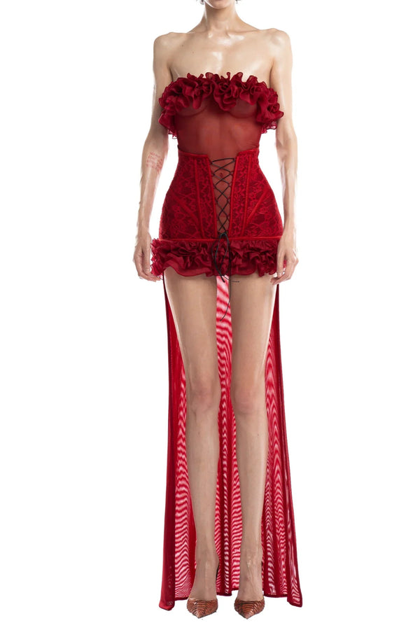 anna 3d flower lace strapless mini Dress in Red