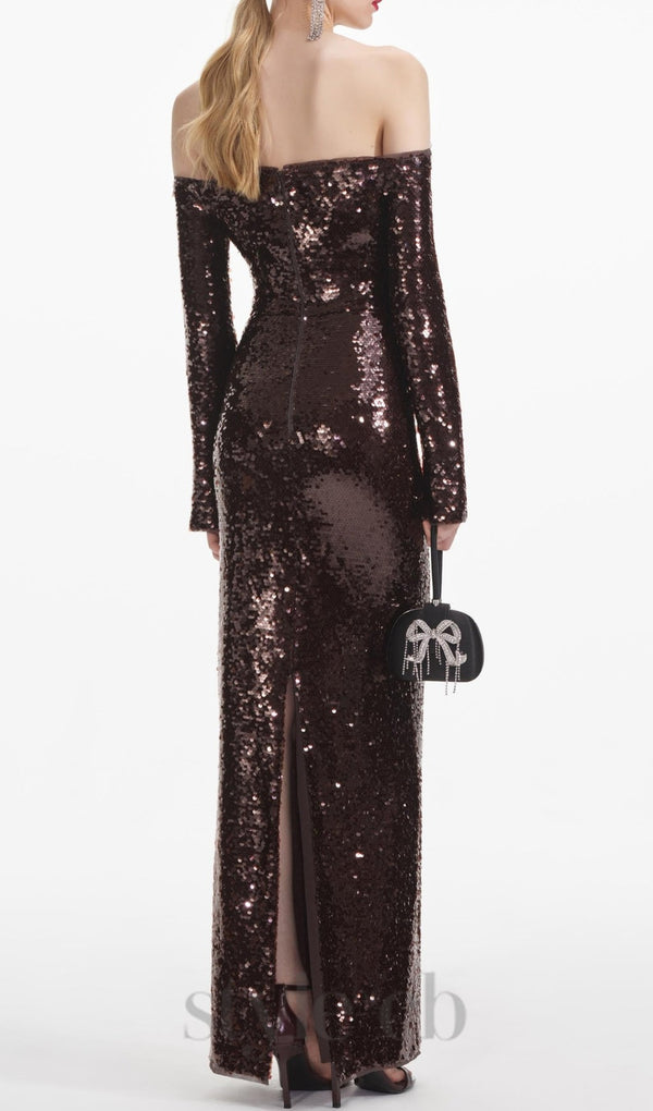 long sleeve sequin maxi dress in brown