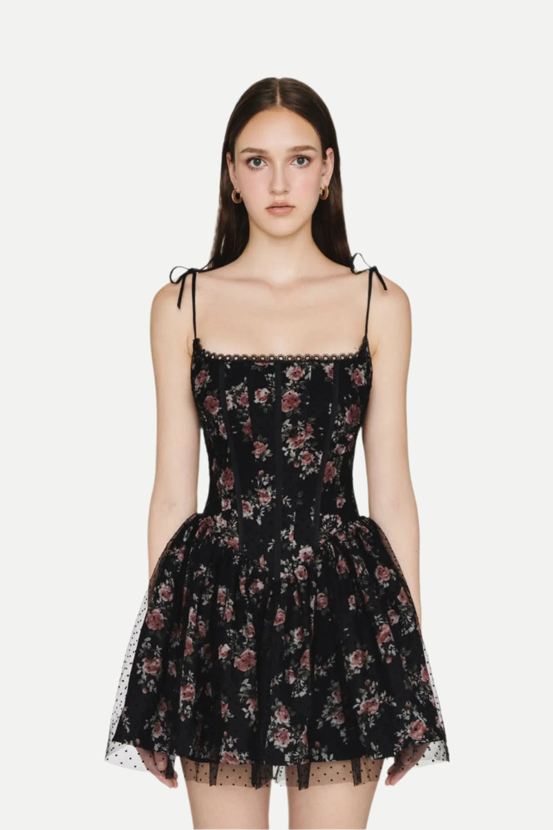 Jubin Mesh printed fishbone mini dress in black