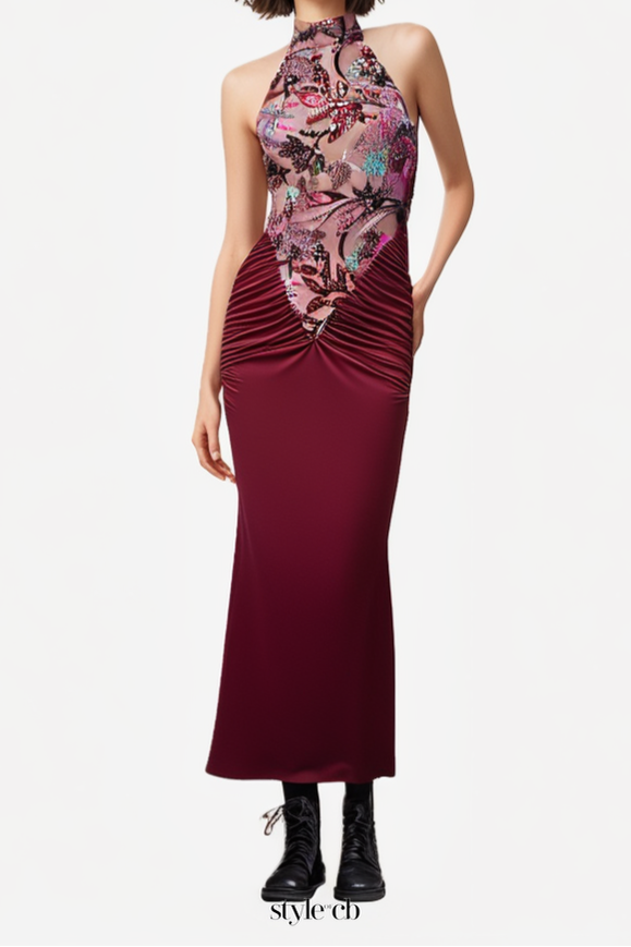 tracy sequin embroidery halter maxi dress in red
