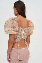 pink Tie-Drape Chiffon Shirt with Ruffled Puff Sleeves