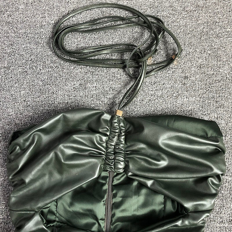 GREEN BACKPACK-BARING BUTT PLEATED DRESS