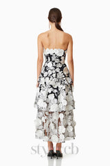 Selene 3D flower Tiered Maxi Dress In Black