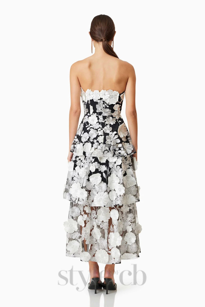 Selene 3D flower Tiered Maxi Dress In Black