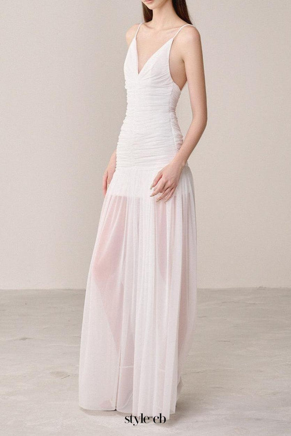 belen Drop Waist Spaghetti Strap Organza Maxi Dress in white