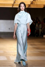 Glossy Silk Twill Satin Cape Maxi Dress in pale blue