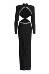 baguette crystals side cutouts embroidered Black crêpe maxi dress