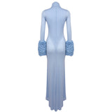 MICHELLE RUFFLED TURTLENECK MAXI DRESS IN PALE BLUE