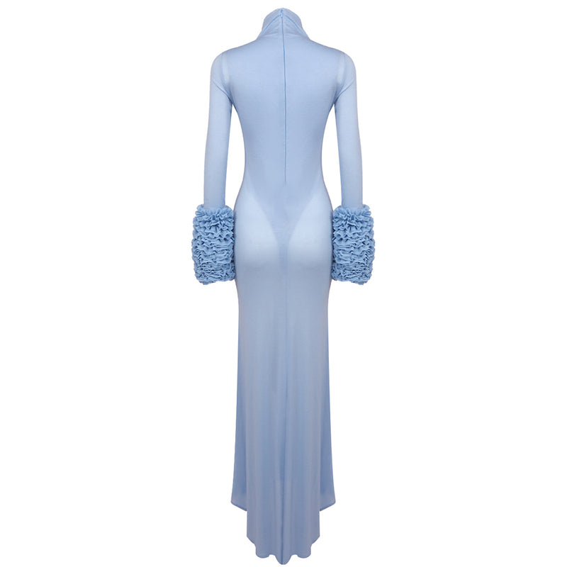 MICHELLE RUFFLED TURTLENECK MAXI DRESS IN PALE BLUE