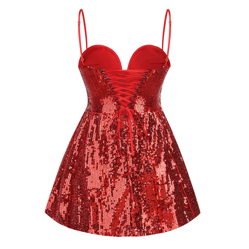 BERNICE DARK RED SEQUIN CORSAGE BANDEAU MINI DRESS