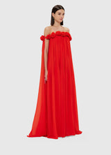 draped floor length dress in scarlet