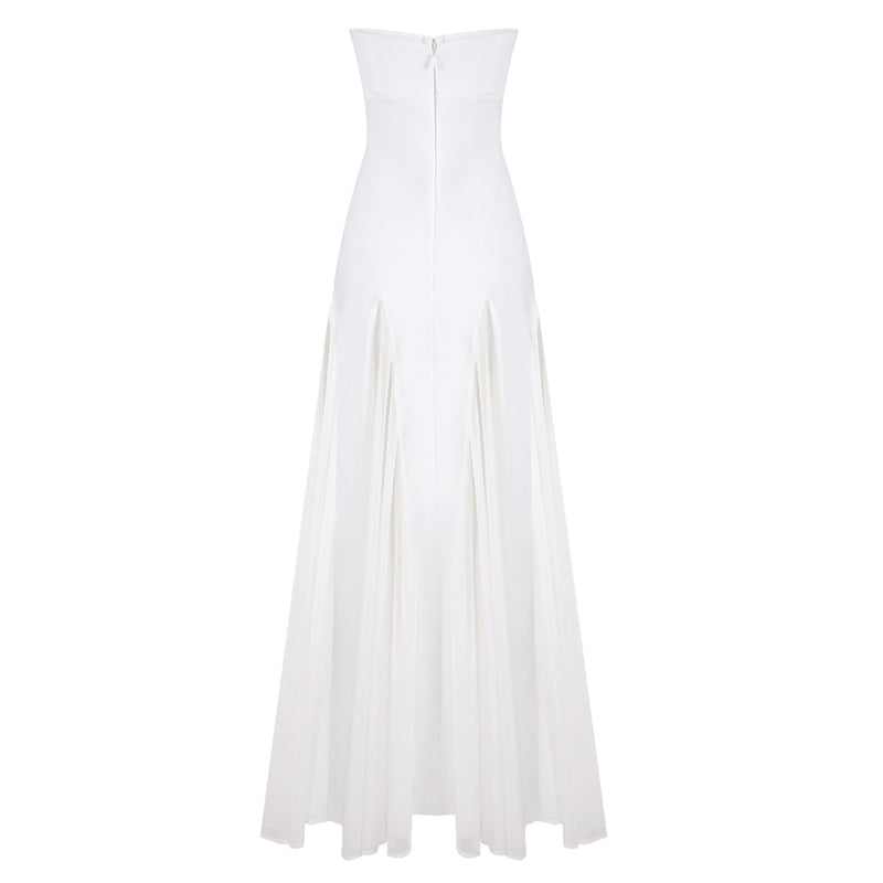 pleated trim strapless maxi dress in white