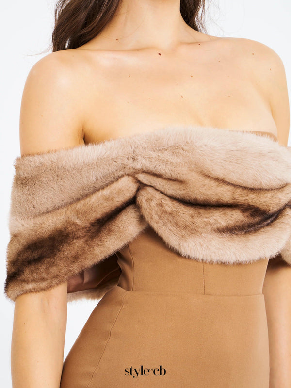 Turmeric Off Shoulder Fur Trim Mini Dress