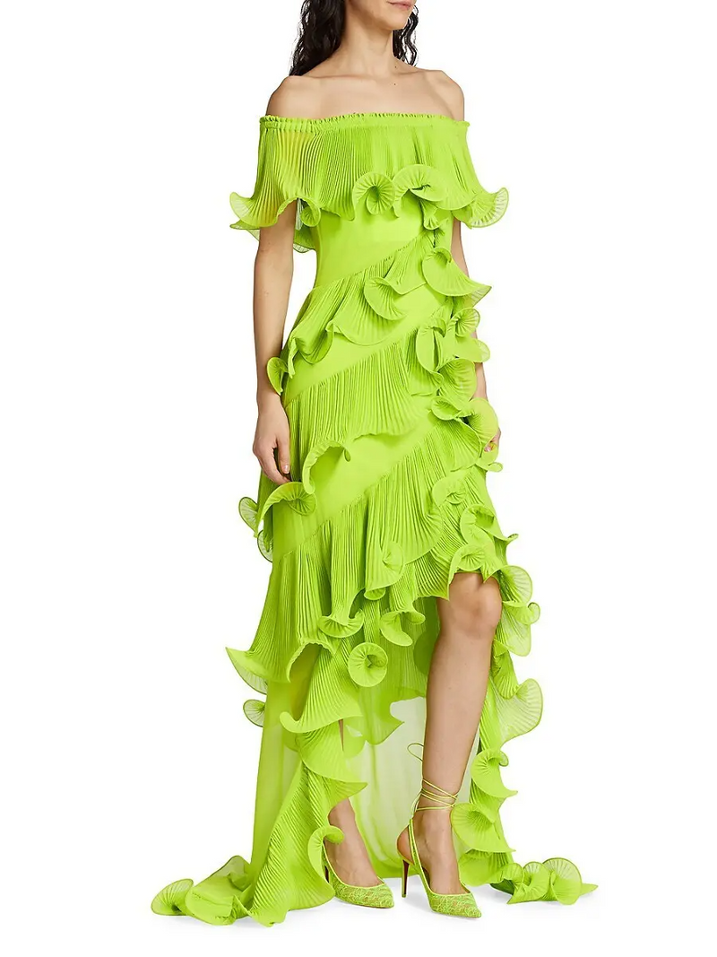 DORA GREEN OFF-SHOULDER PLEATED ORGANZA MAXI DRESS