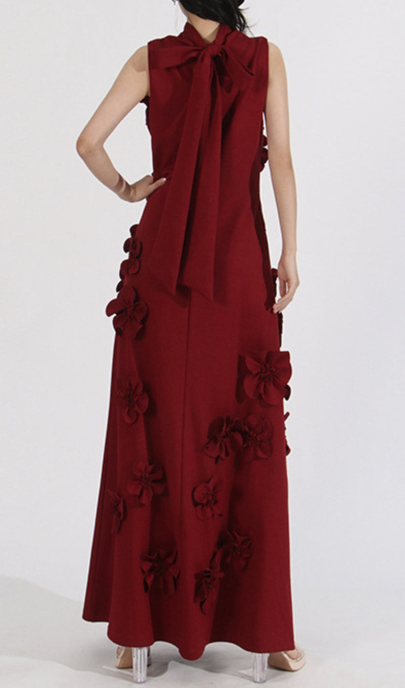 ANNONA RED FLOWER EMBELLISHED MAXI DRESS