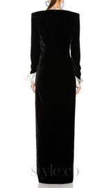 CROWN BLACK LONG SLEEVE V-NECK MAXI DRESS