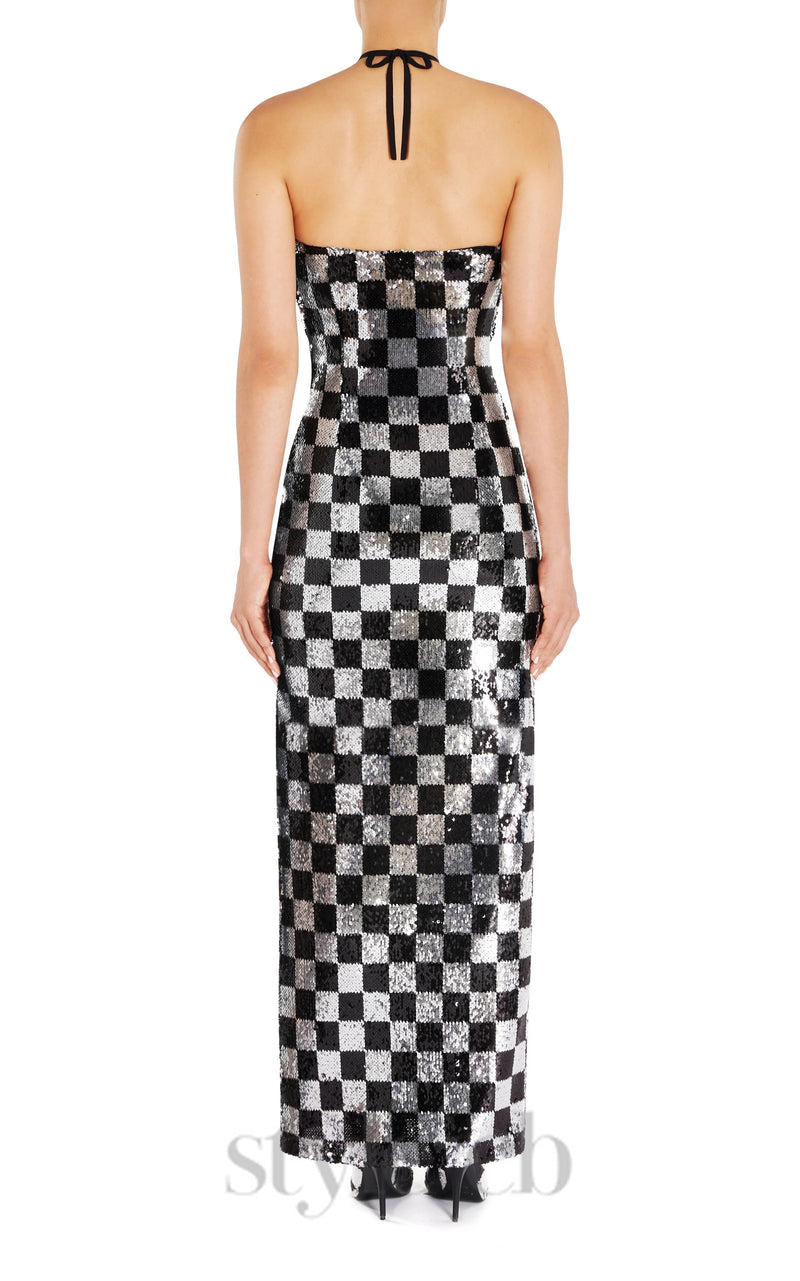 checkerboard sequin halter gown with flower