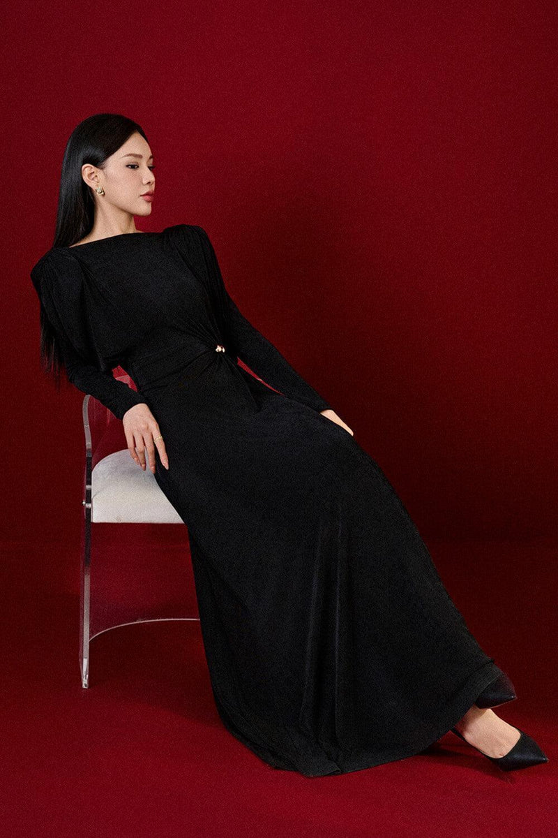 black straight boat neck knitted fabric maxi dress