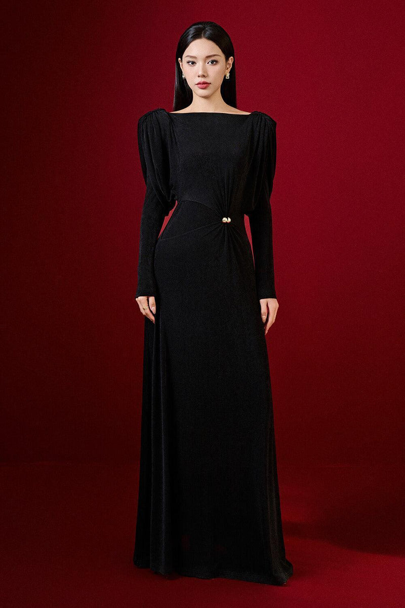 black straight boat neck knitted fabric maxi dress