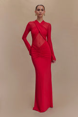 Slinky Mesh Long Sleeve Maxi Dress in Ruby