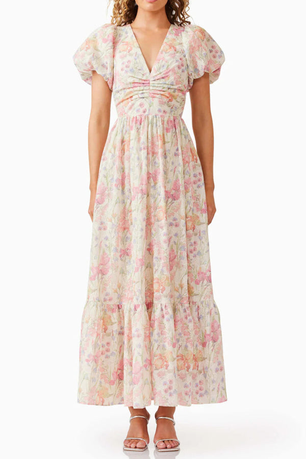 V-neck puff sleeves floral maxi dress in pink