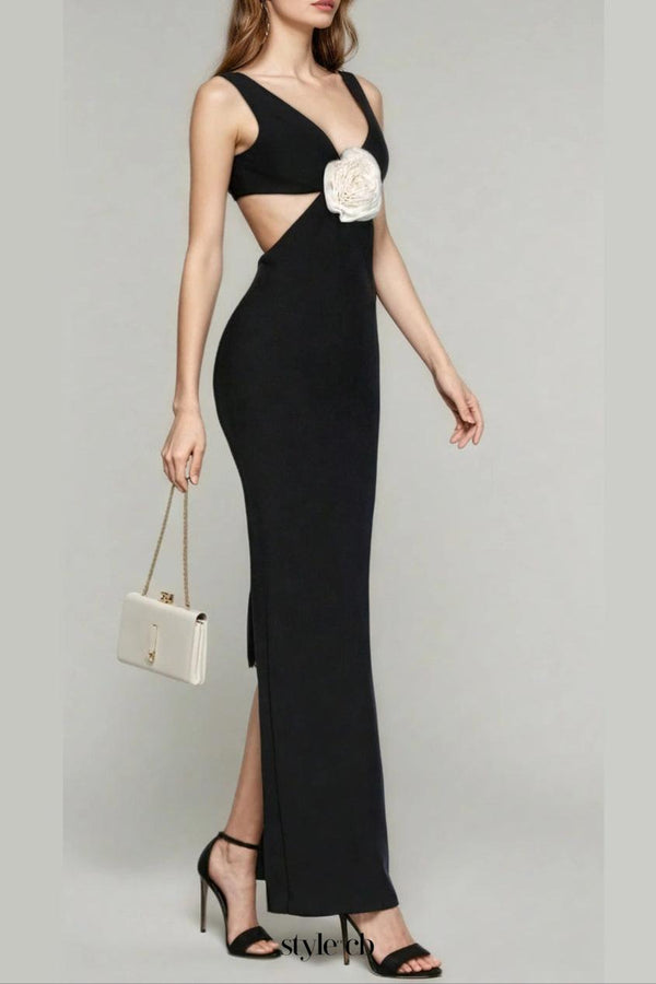 flower V-neck Hollow Out maxi Dress in black