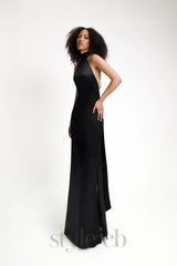 MIGNON SATIN BELT BACKLESS PEARL EMBELLISHED MAXI DRESS IN BLACK